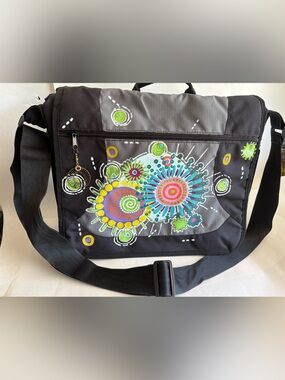 Black and Gray Messenger Bag with original hand painted Multicolor Burst Design